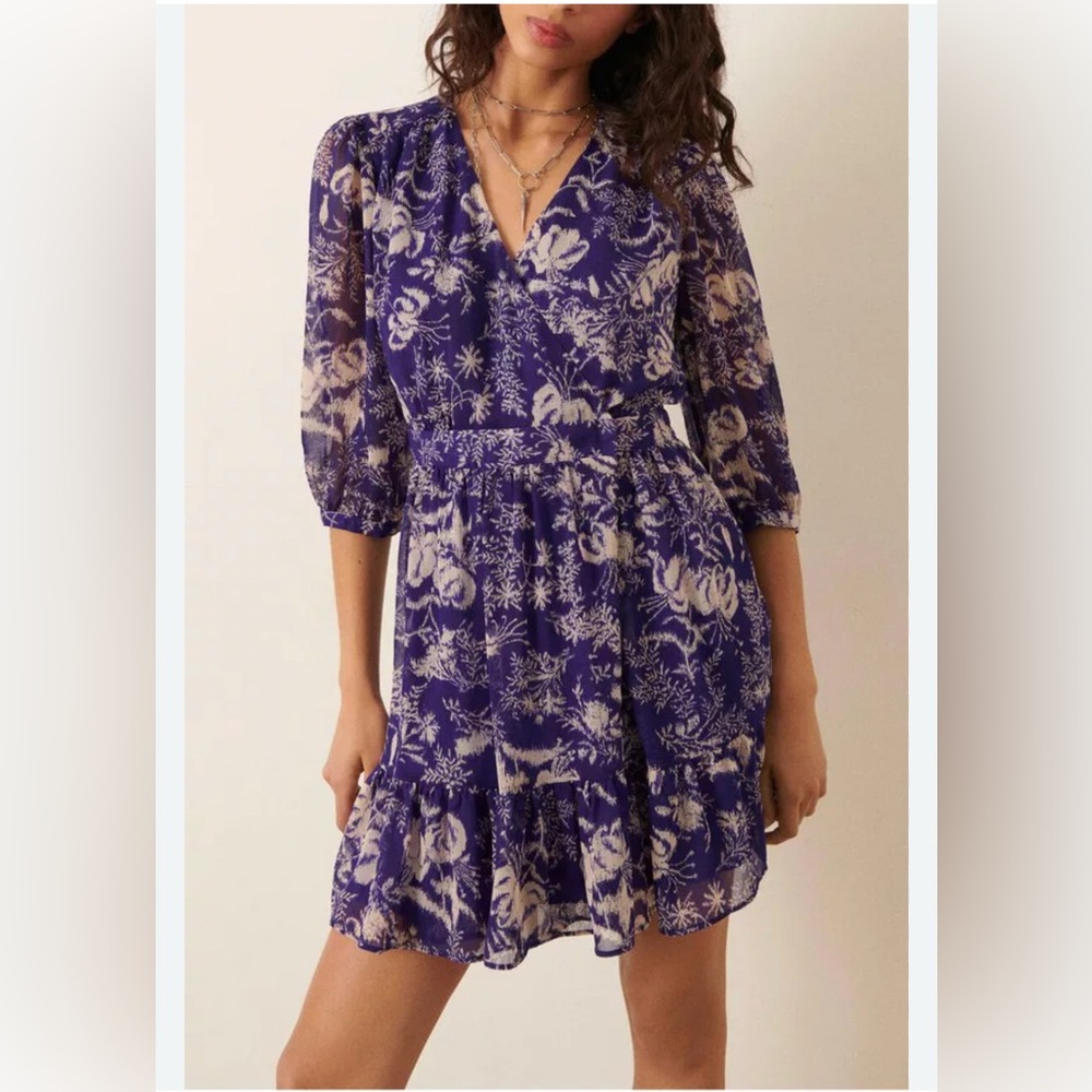 NWT Ba&sh Mini Dress Ulia Blue Violet  Floral Lined Wrap  3/4 Sleeve size US 6